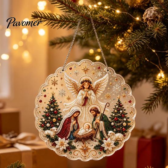 Religiöse Feiertagsdekorationen Weihnachten Perlmuttmalerei Sonnenfänger-Set, 3D Krippe/Weihnachtsmann/Vogel/Baum Festliche Heimdeko Akzente Perlen
