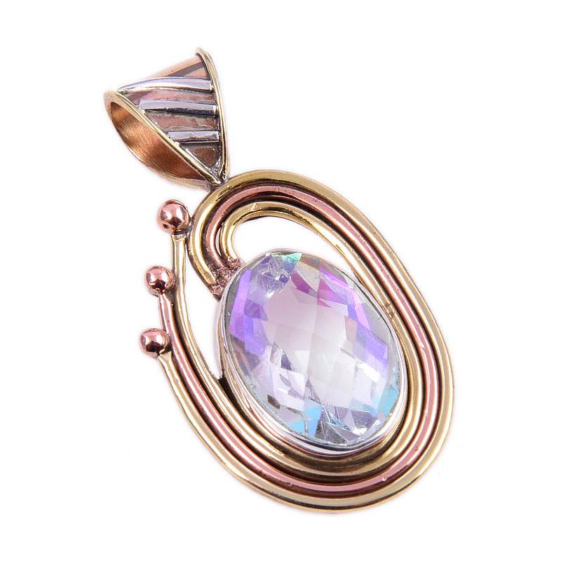 Natural Rainbow Quartz Gemstone 925 Solid Silver Two Tone Pendant 1.50'' J4A58