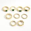 Retro Imitation Emerald Love Ring, Creative Peach Heart with Diamond Hollow Chain Ring Nine-piece Set for Women