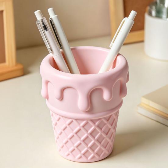 Nostalgie 3D Printed Ice Cream Cone Pen Holder, Waffle Base And Drip Top Desk Organizer, Multi-functional Pencil Cup for Pens, Marker, Makeup Brushes