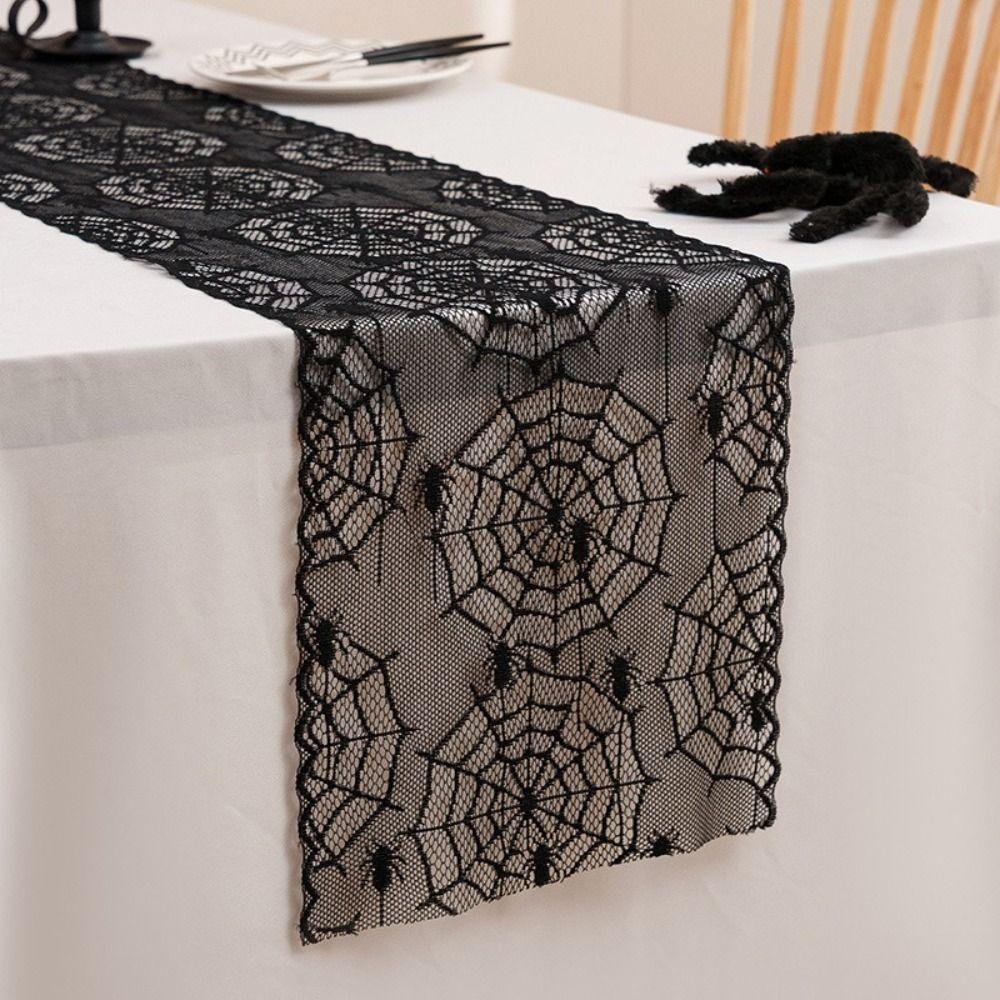 Black Color Halloween Table Runner Long Length Lace Material Black Lace Table Runner Gothic Style Spider Web Table Runner