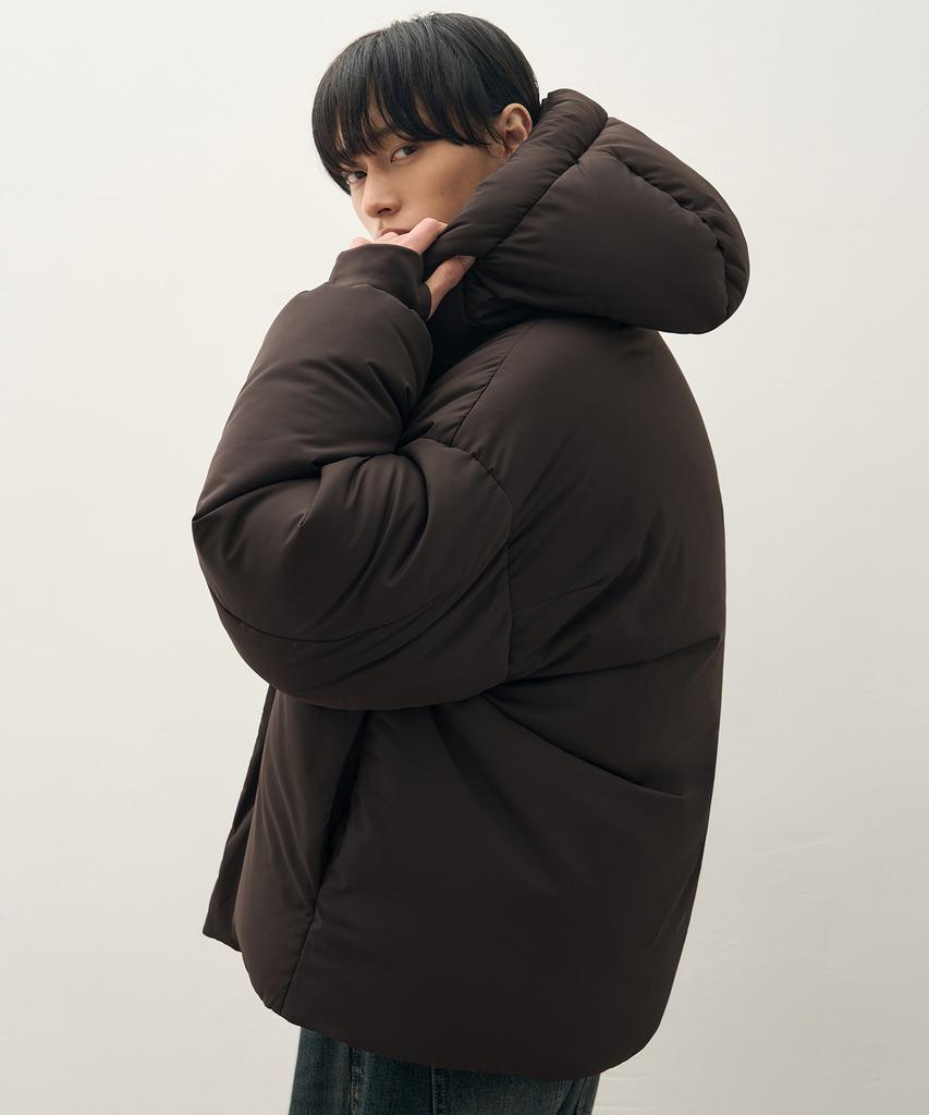 Draw Fit Minimal Furon Hooded Down Jacket [Chestnut Brown]