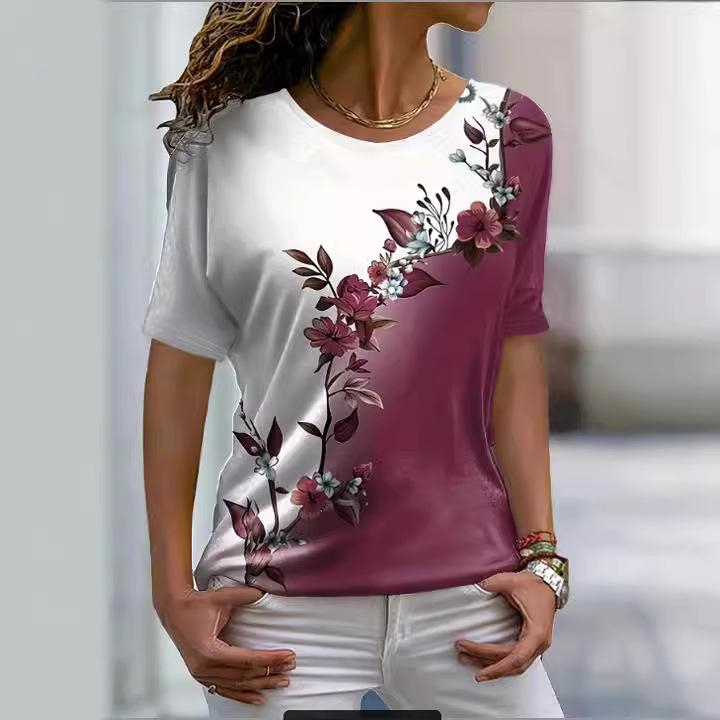 Summer Fashion Floral Asymmetrical Color Blocked Round Neck Short Sleeved Printed Women's T-shirts