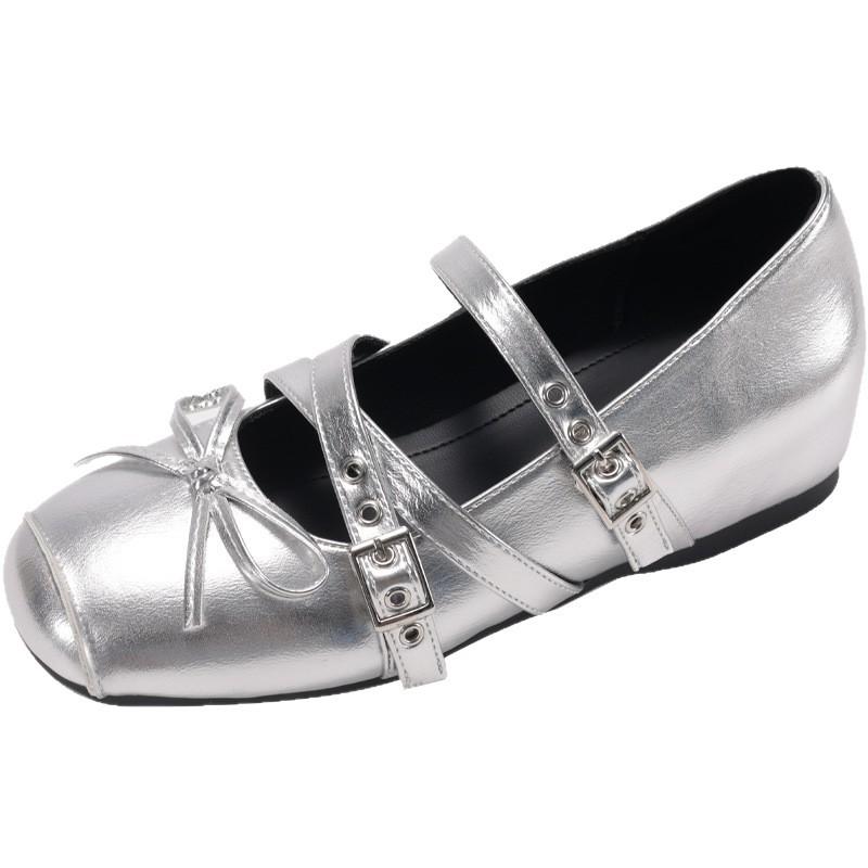 Silver Inner Height Increase 6cm Ballet Single Shoes Women's Summer New French Bow Mary Jane Shoes Flat Large Size Women's Shoes