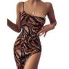 Sexy Damen Sommerkleid Spaghettiträger U-Boot-Ausschnitt Slim Tigerdruck Khaki Seitenschlitz Damenkleid