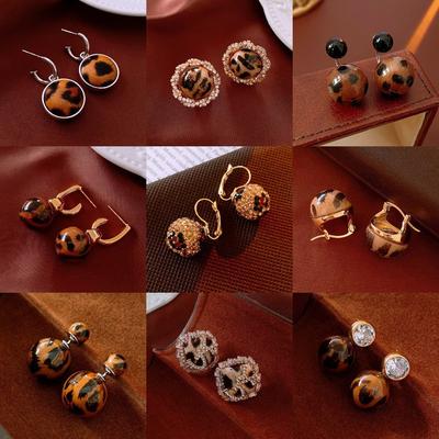 Boucles d'oreilles Aiguille d'Argent Style Hong Kong Imprimé Léopard Boucles d'oreilles Puces Rétro Maillard Haut de Gamme Niche Boucles d'oreilles Polyvalentes