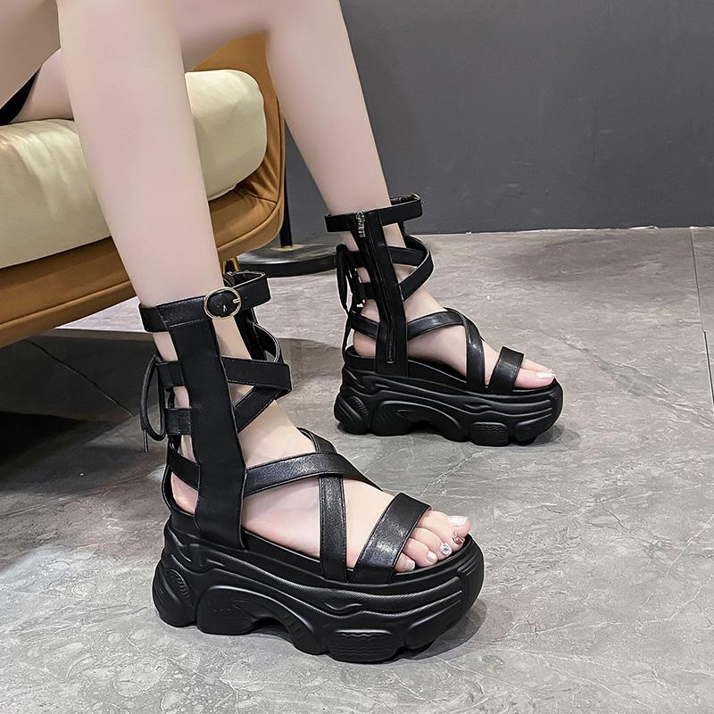 Fashion 8.5cm New Summer Black Women Leather Sandals Cool Ankle Boots Platform Shoes Wedges Women's Sandals Fashion Outdoor Sandalias