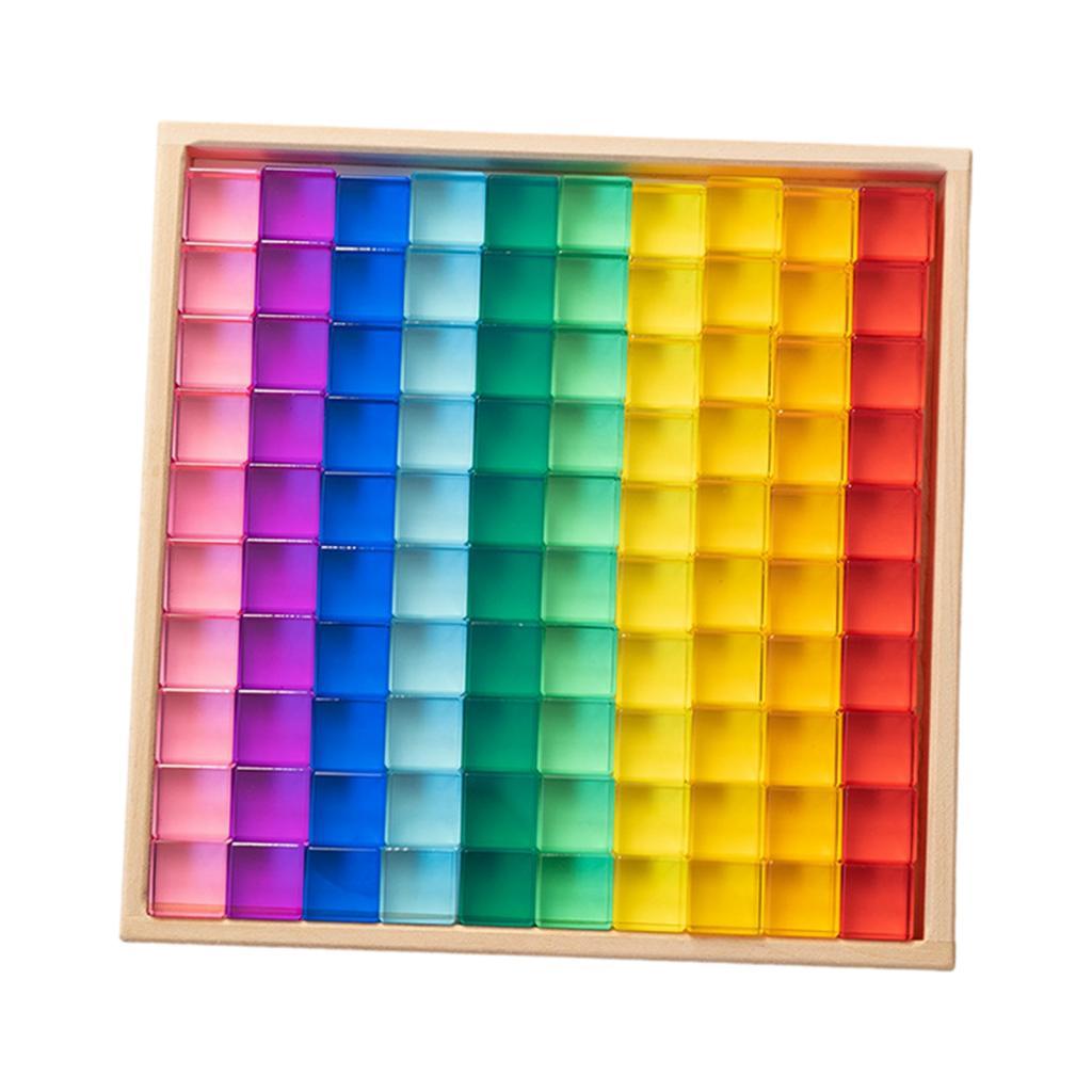 100 Pieces Rainbow Building Blocks Acrylic Gemstone Cubes Stacking Game Toy with Wooden Storage Box