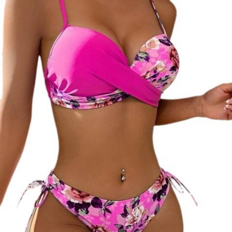 Women's Pink Floral Print Bikini Set Wrap Front Tie Side Two Piece Swimsuit