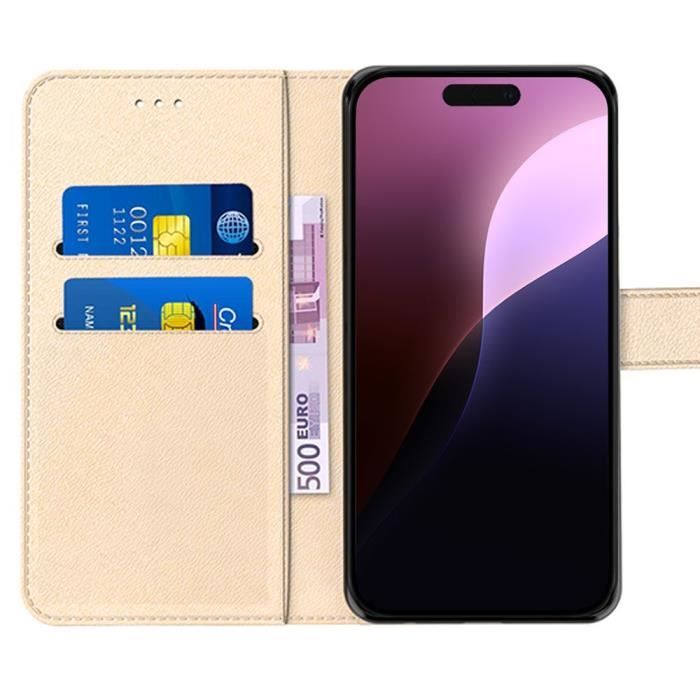 Case + 2 Tempered Glasses for iPhone 16 Pro - Flip Case PU Leather Shockproof Gold