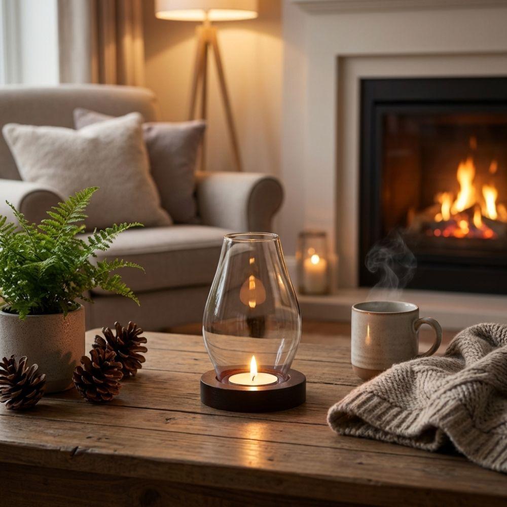 Solid Wood Base Glass Candle Holder Windproof Incenses Stove Lamp  Indoor Environment