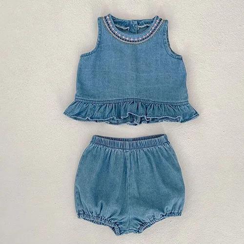 2025 New Summer 0-3Yrs Children Clothes Suit Sleeveless Solid Color Denim Vest+Shorts Newborn Baby Girls Clothing Set