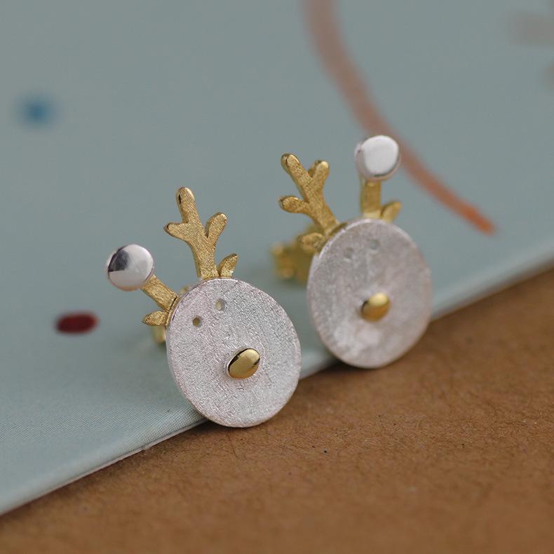 Gold Plated Cute Reindeer Stud Earrings for Women - Festive and Simple Christmas Antler Design.