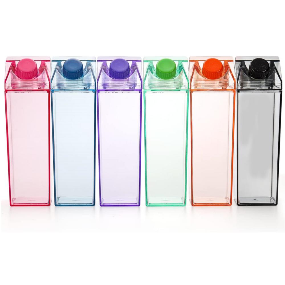 Set of 6 Plastic Milk Carton Colorful Clear Water Bottle, 17oz Portable Milk Box Leakproof Square Juice Bottle for Outdoor Sports Travel Camping