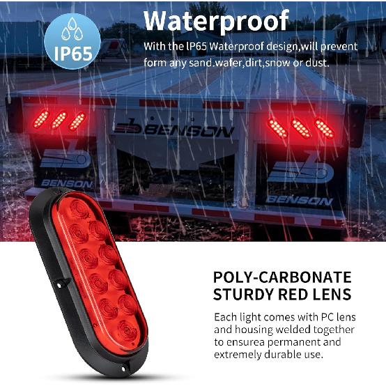 6 Inch Oval Red LED Trailer Tail Lights, 10 LEDs Surface Mount Stop Turn Brake Tail Lights, 12V DC Low High Brightness, Waterproof For Truck RV Boat