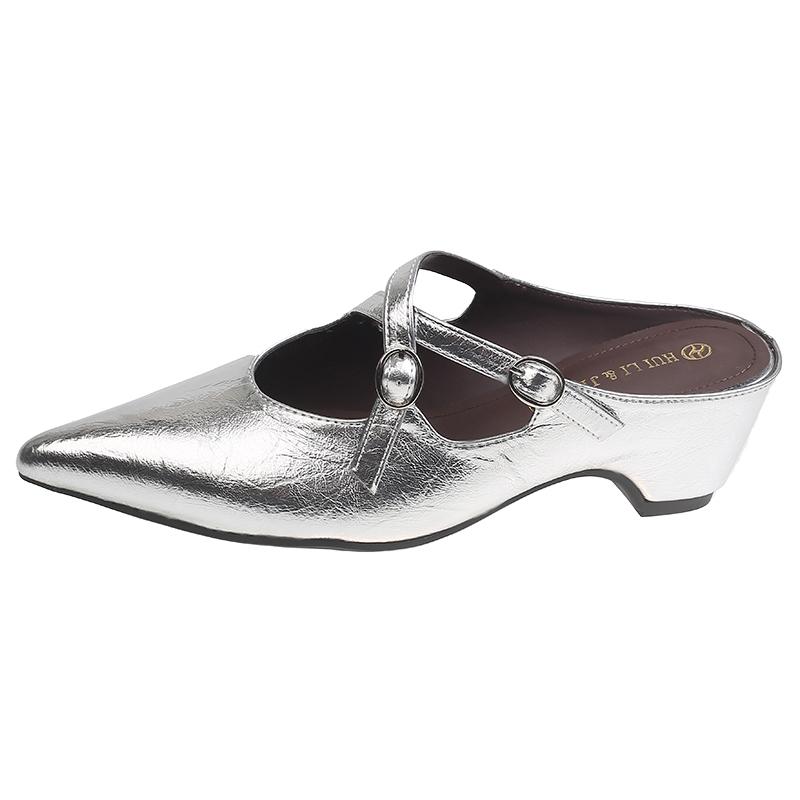 

Baotou Half-drag Girl Summer Wear New Pointed Toe Shallow Mouth Cross Belt Thick Heel Mary Zhen Cool Drag 35 серебряный