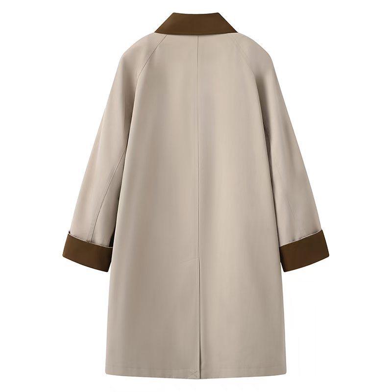 Japanese Color-Block Retro Trench Coat for Women: 2025 Spring, Mid-Length, Korean Turn-Down Collar, Slimming Fit
