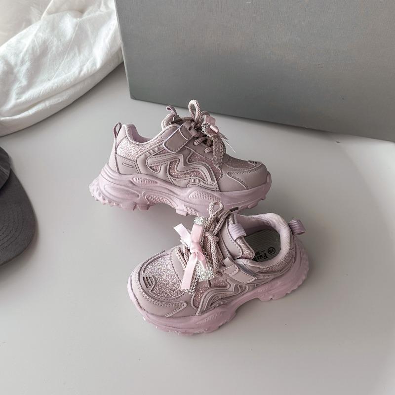 Girls Glitter Bow Decor Thick Sole Casual Velcro Sneakers 27 розовый