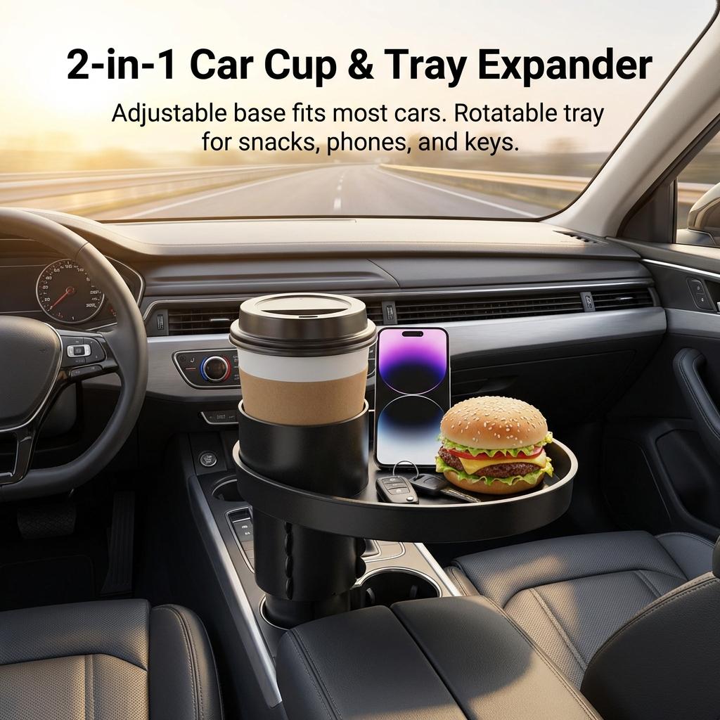 Detachable Car Cup Holder Double Layer Tray Cell Phone Holder Expandable Food Table Sturdy Base for Long Road Trips Table Tray