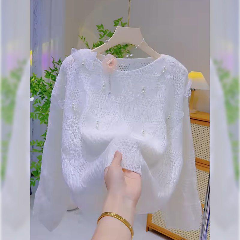 Spring/Summer Women's Hollow Knitted Sweater Thin Loose Design V-neck Knitted Top