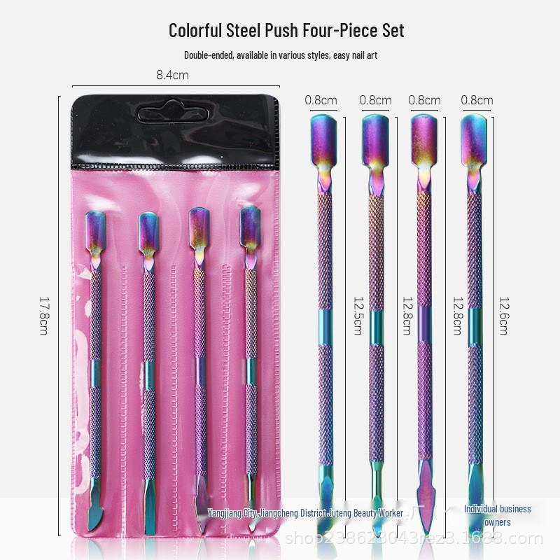 4-Piece Stainless Steel Nail Art Tool Set: Double-Ended Cuticle Pusher, Gel Remover, Scraper, Groove Pick, Silver