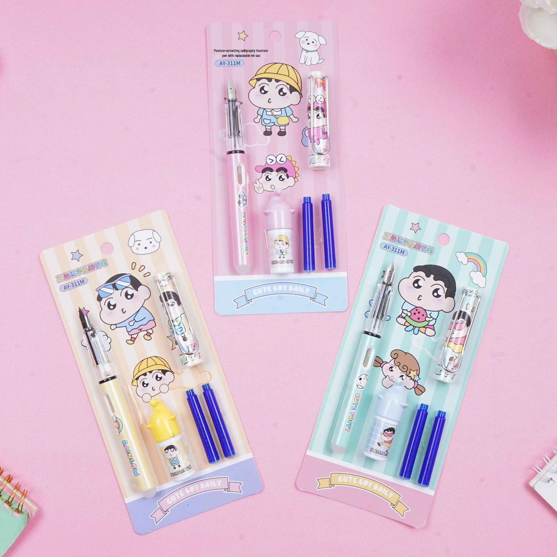 Crayon Shin-chan Cute Cartoon Fountain Pen Set with Replaceable Ink Cartridges - Adorable Student Stationery.