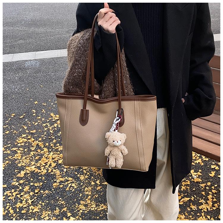 Large Capacity Fashion Tote Bag Women Detachable Charm Faux Leather Shoulder Bucket Purse Commuter Handbag