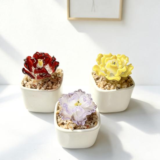 Handmade Mini Glass Flower Figurine Cute Hand Blown Small Faux Crystal Flower Bouquet In Pot Gift for Mother's Day Birthday Christmas DIY Craft