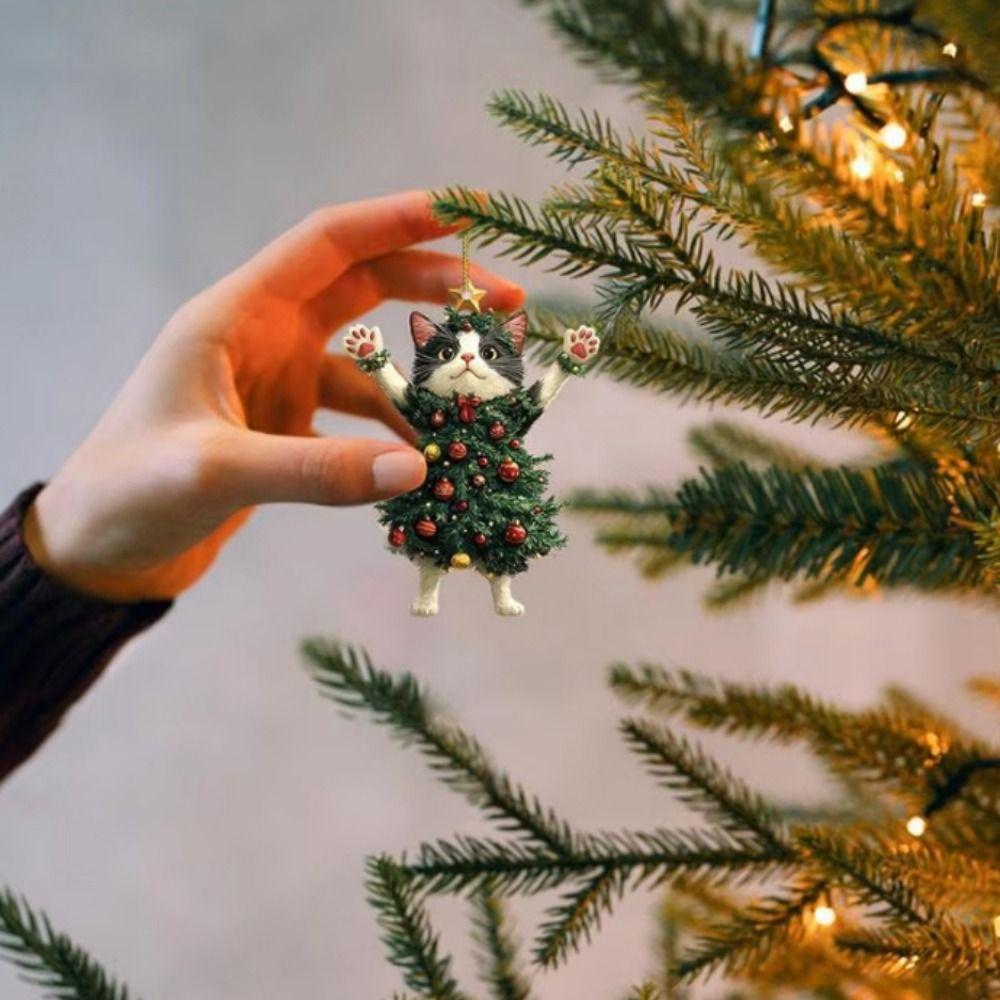 Weihnachts-Katzenanhänger 2D Katze Hängende Ornamente Kreative Weihnachtsbaumornamente Auto-Rückspiegel Rucksack Taschenanhänger Ornament
