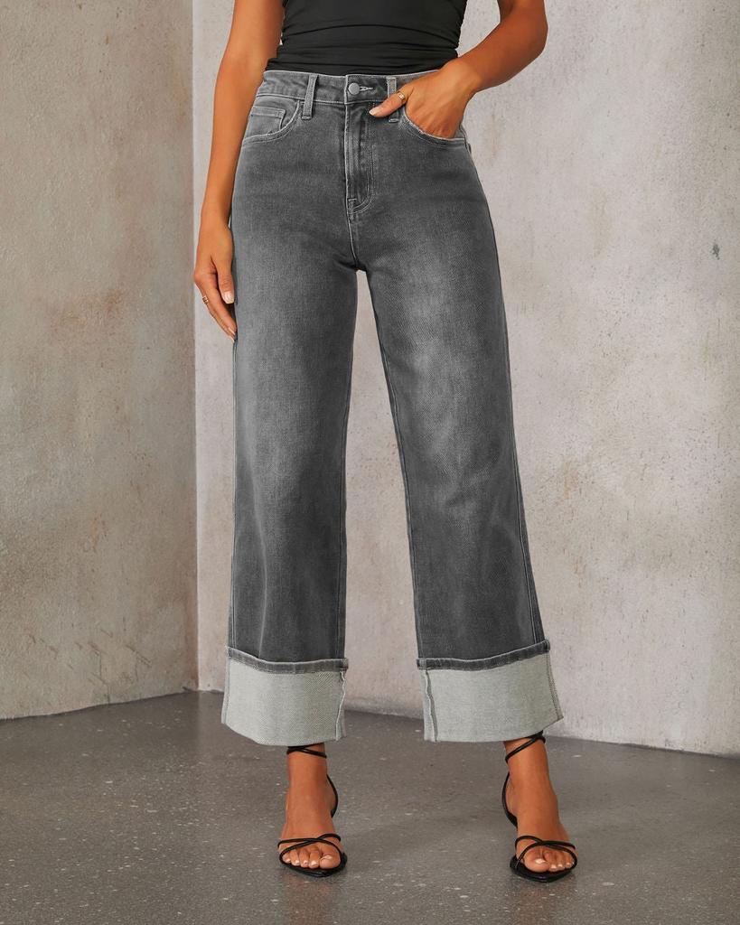 Jeans Dritti a Vita Alta da Donna con Fondo Risvoltato Denim Elasticizzato Vintage