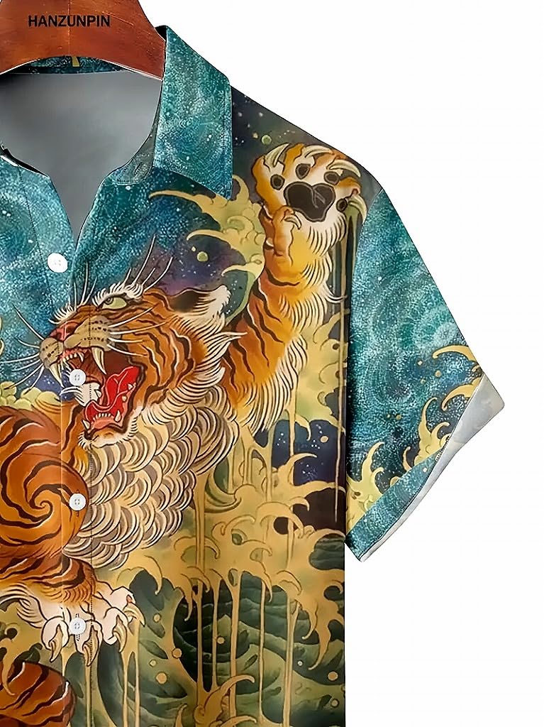 Tiger Print Aloha Short Flashy Summer Hawaiian Plus Size [syatu032-L] Shirt, Sleeve, Yakuza/Yankee Style, Outfit, Festival/Fireworks, Men's Fashion,