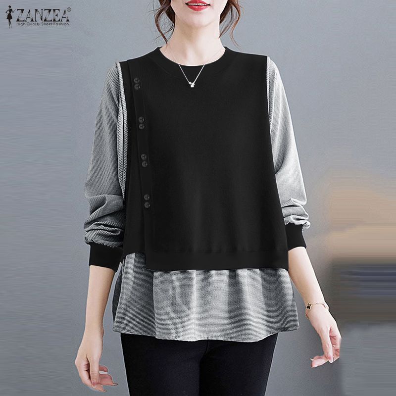 ZANZEA Womens Autumn Plaid Print Long Sleeve Splice Casual Blouse