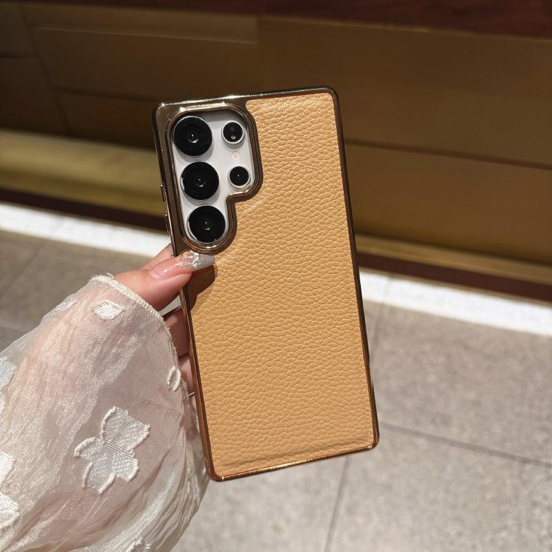 Luxury Solid Color Lychee Leather Plating Border Soft Phone Case For Samsung Galaxy S25 Ultra Egde S24 Ultra Plus FE Back Cover