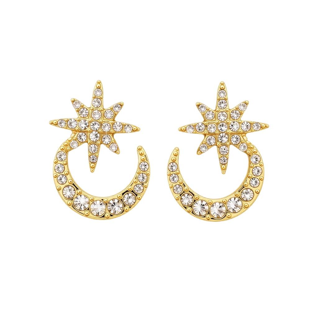 Women's Star and Moon Earrings, CZ Stud Earrings