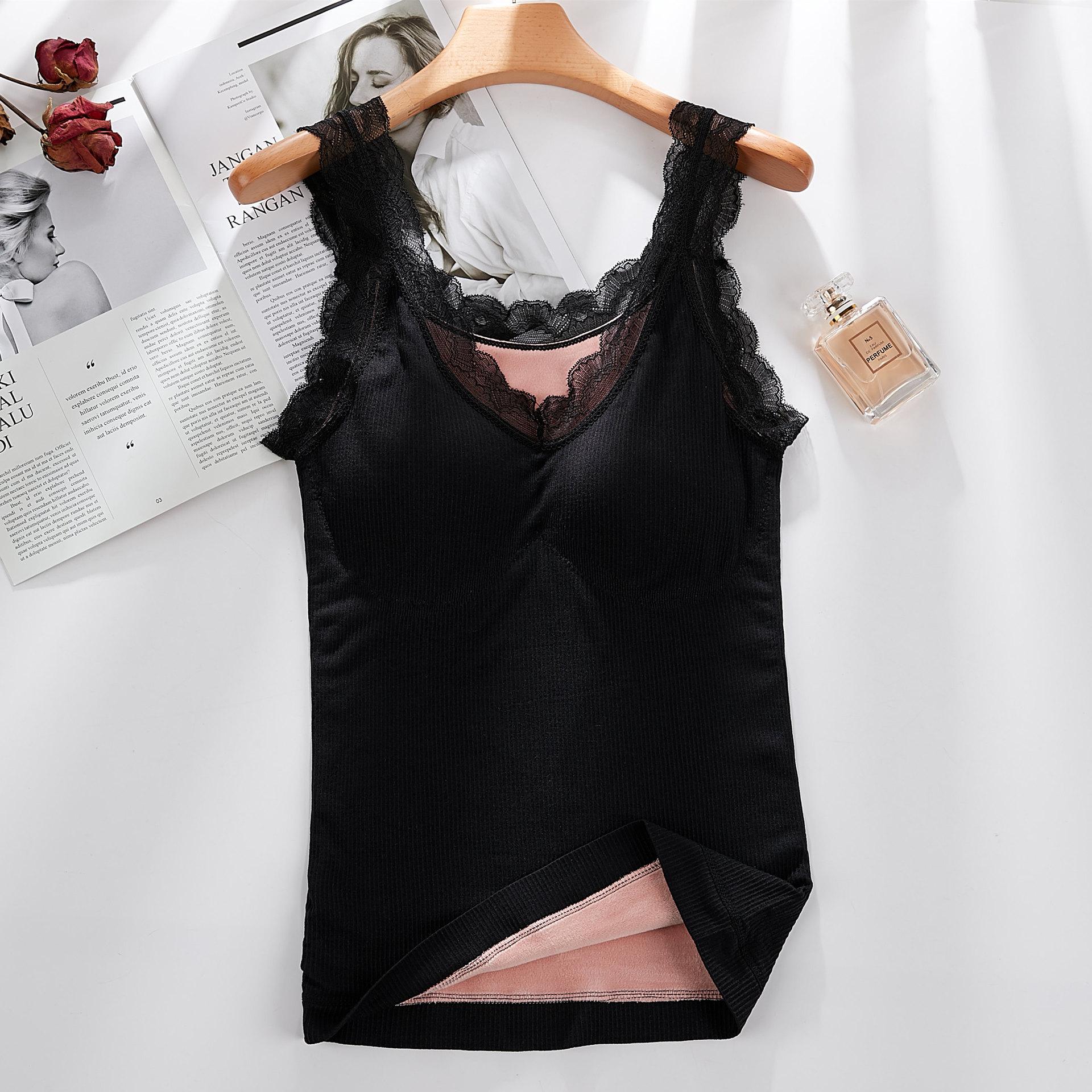 Lace Trim Ribbed Thermal Camisole OneSize чёрный