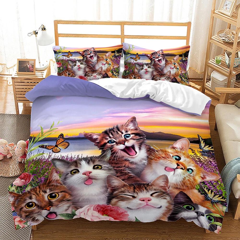 

Sunset Cat Group Bedding Set, Floral Butterfly Duvet Cover Set, Cat Lover Home Textile, Perfect Gift for Pet Enthusiasts DE 100x135cm