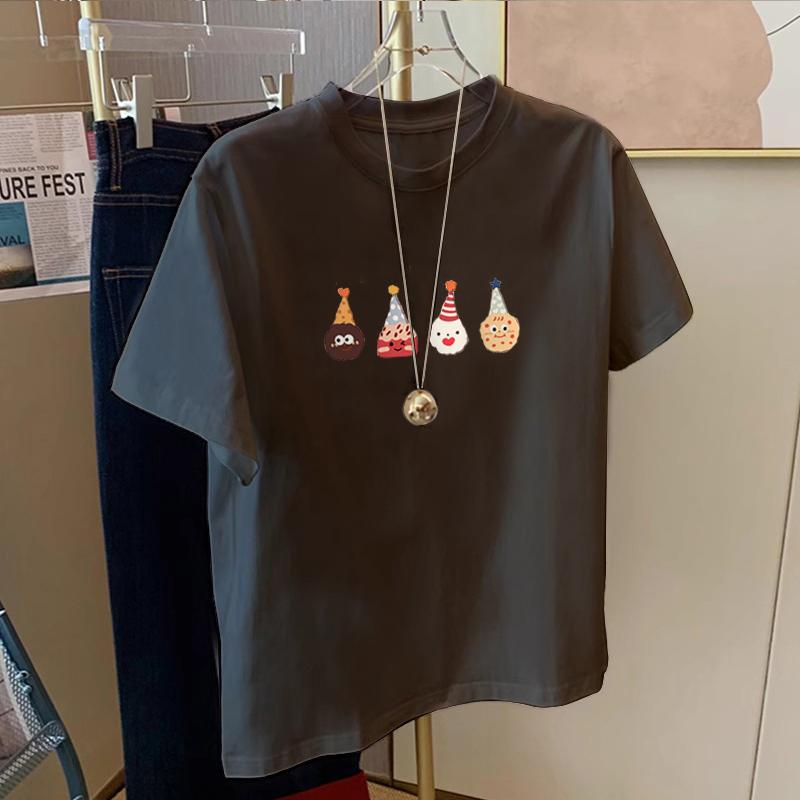 

2025 summer new apricot short-sleeved t-shirt women s loose and versatile cartoon printed t-shirt pure cotton top 3XL