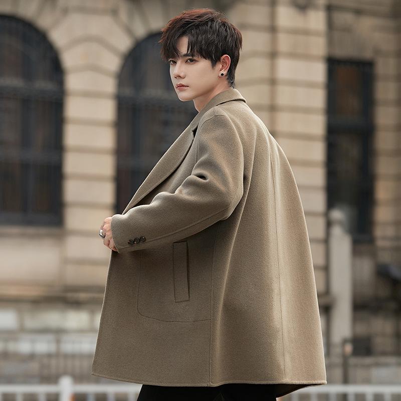 Men's Mid-Length Cashmere Wool Coat - Autumn/Winter Casual Windbreaker