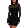 Damen Mesh Durchsichtig Langarm Gerafftes Kleid Sexy Bodycon Mock Neck Cocktail Party Club Kleider