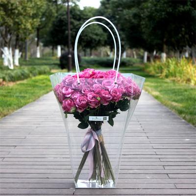 Plastic Transparent Pp Flower Handbag Bag Long Handle Hand Bag Trapezoid Gift Packaging Bag Succulent Potted Rose