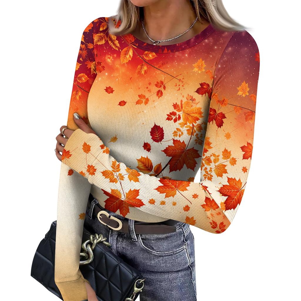 Women's Slim Fit Long Sleeve Neck T-Shirt with Leaf Print and Thumb Holes for Casual Everyday Wear
