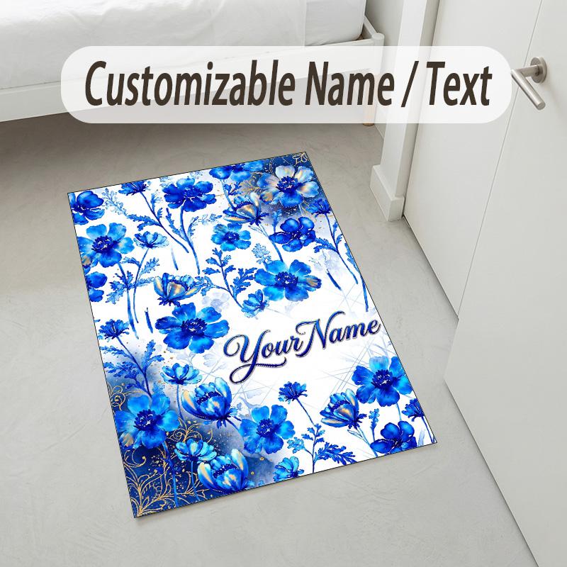 Blue Floral Elegance Theme Soft Crystal Velvet Rug Custom Name & Text Print Non Slip Floor Rug for Bedroom Living Room