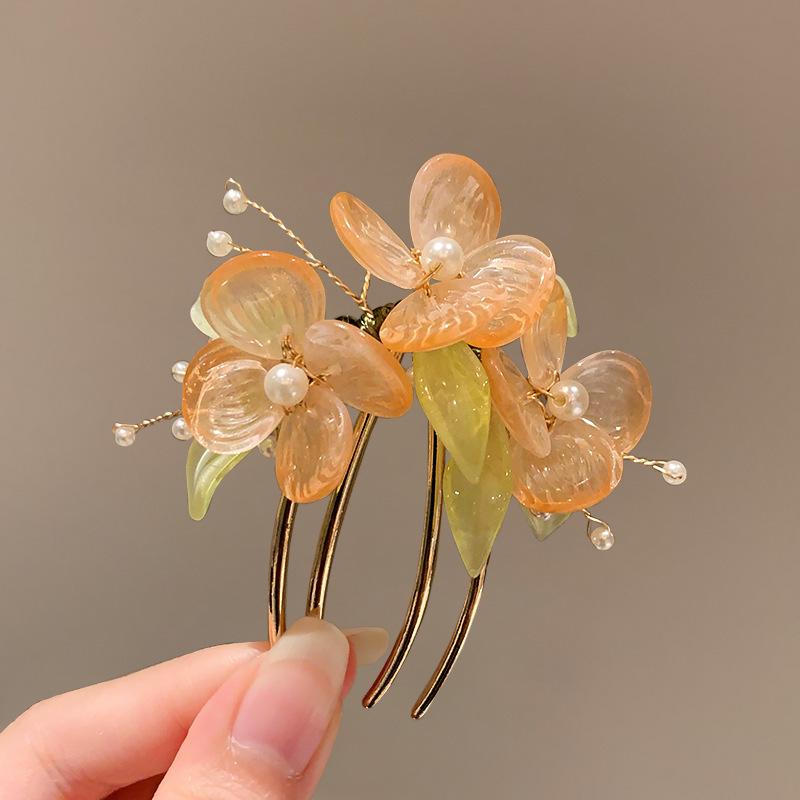 Vintage Flower Hairpin Elegant Chinese Style Glass Flower Hair Comb For Women Girls Exquisite Fairy Metal Hair Accessories 1pc