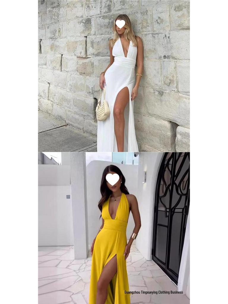 Jarní příchod: Elegantní evropské a americké dámské maxi šaty s halter výstřihem do V a rozparkem