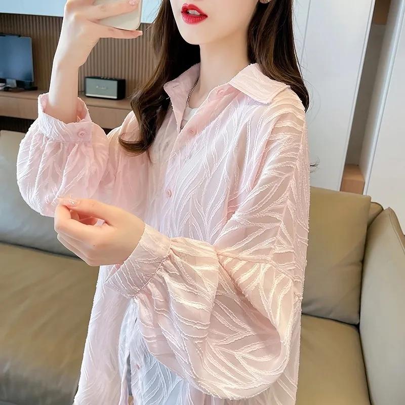 Summer Women Textured Sheer Button Down Shirt Long Sleeve Blouse