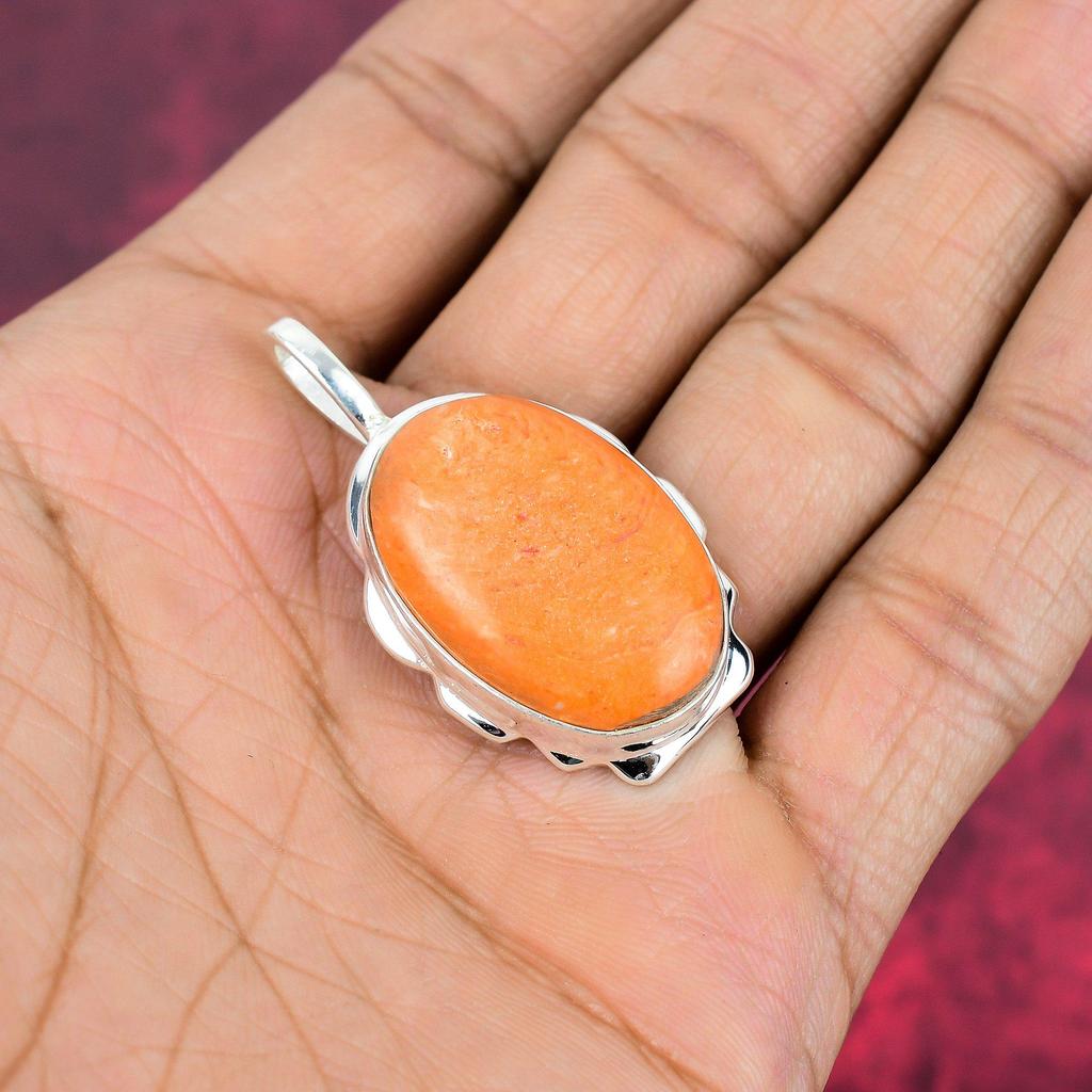 Oragne Sponch Coral 925 Solid Sterling Silver Pendant, Handmade Gemstone Pendant Jewelry, Gifts For Wife Brand New Pendant