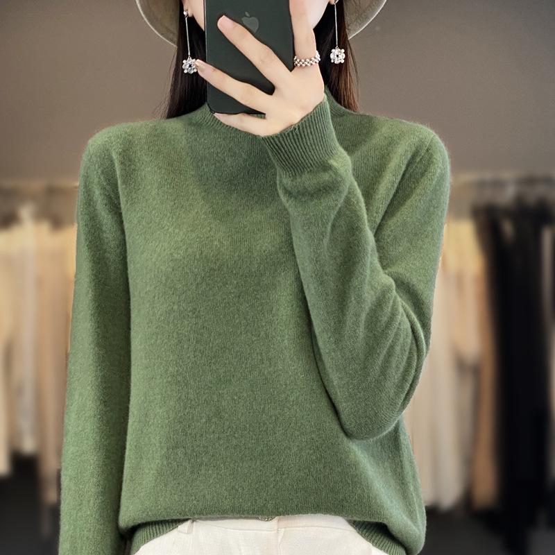 Women's Slimming Wool Sweater - Half High Neck, Long Sleeve, Loose Velvet Pullover, Versatile Knitwear for Autumn/Winter.
