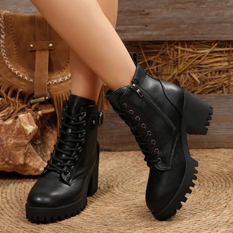 Fashion Fashion High Heel Boots Women's Round Toe Metal Buckle Side Zip Front Lace-Up Platform Non-Slip Shorthole Boots