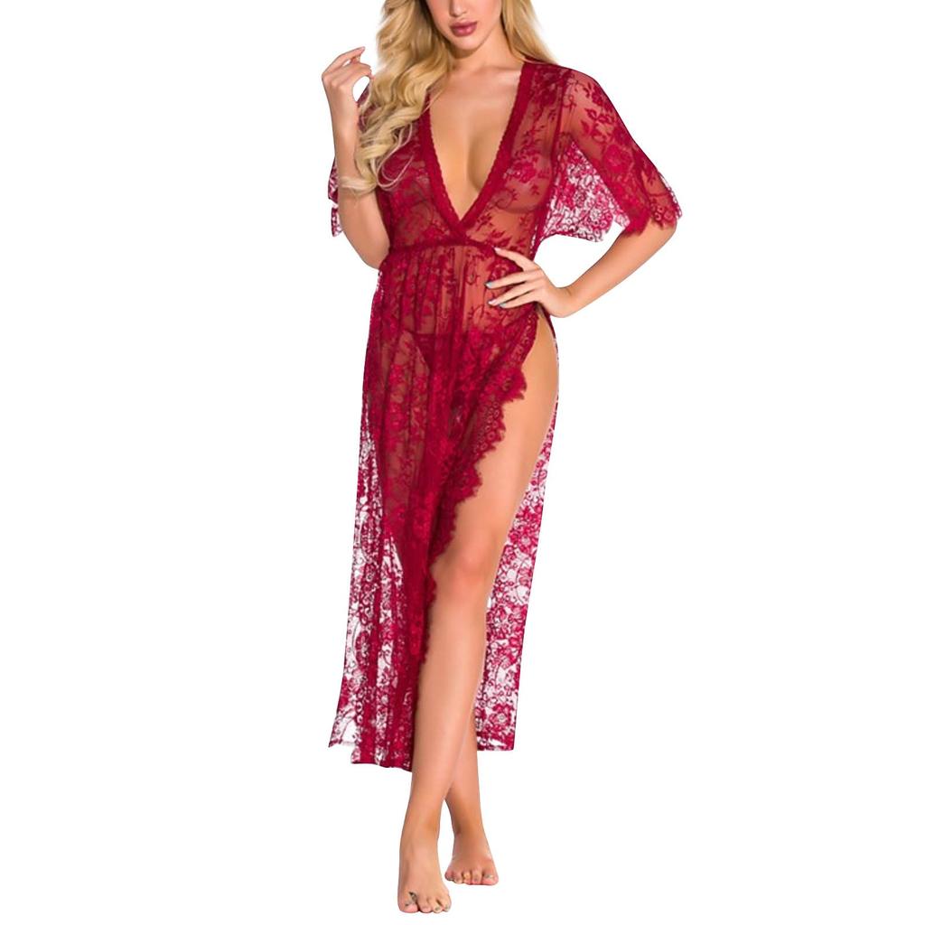 Sexy Lingerie Lace Deep V One-piece Dress For Women With Side-opening Lace One-piece Robe