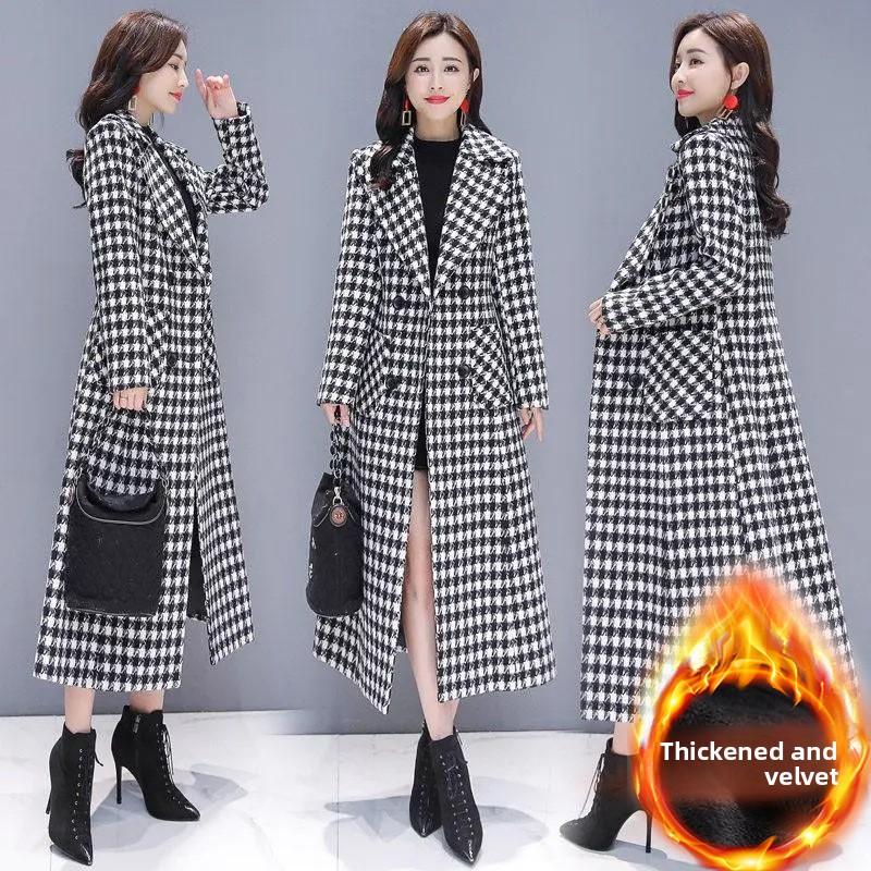 Autumn and winter new plaid woolen coat women s long slim temperament fashion woolen coat M